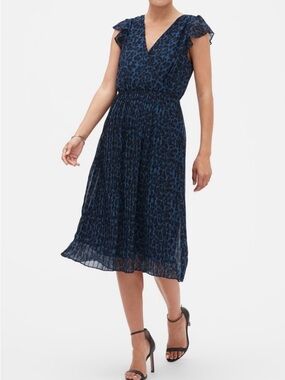 NWT Banana Republic Sz Medium Tall Navy Black Leopard Print V-Neck Midi Dress